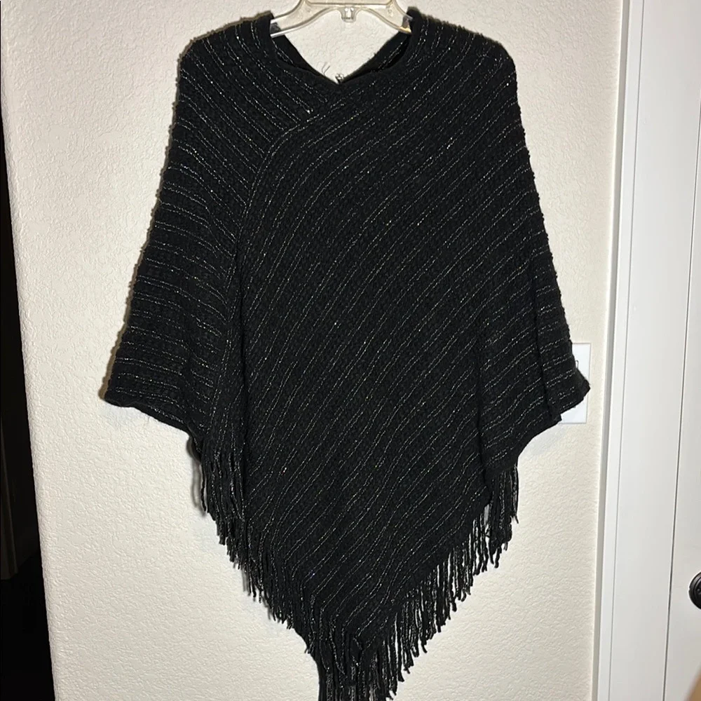 Boho Black Fringe Poncho with Sparkles - Picture 1 of 4